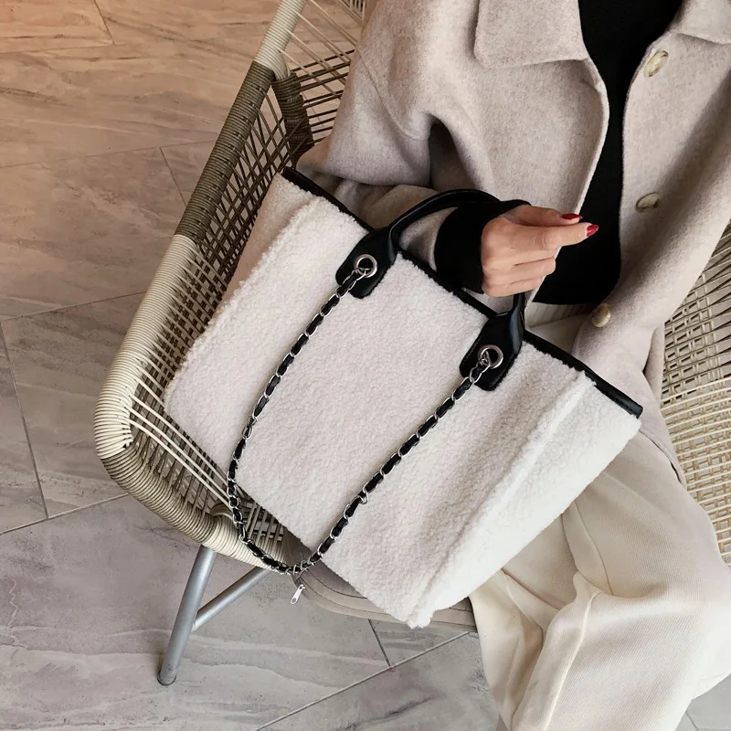 

Женские зимние сумки-тоуты, модные меховые вместительные сумки, сумка на плечо с цепочкой, женская большая плюшевая сумка для покупок