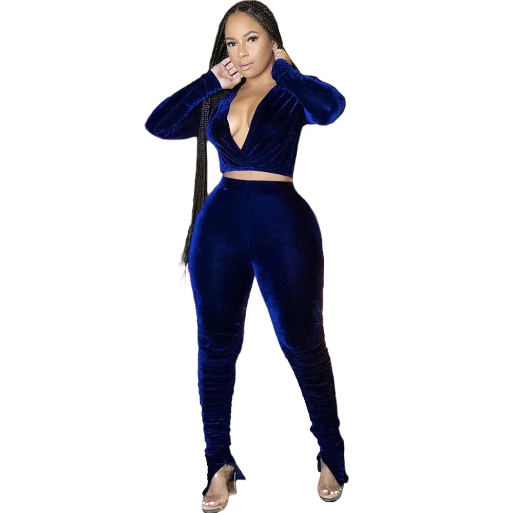 

Velvet Two Piece Tracksuit Fitness Outfits Autumn Winter Women Deep V Neck Long Sleeve Crop Top and Split Hem Stacked Pant Suit