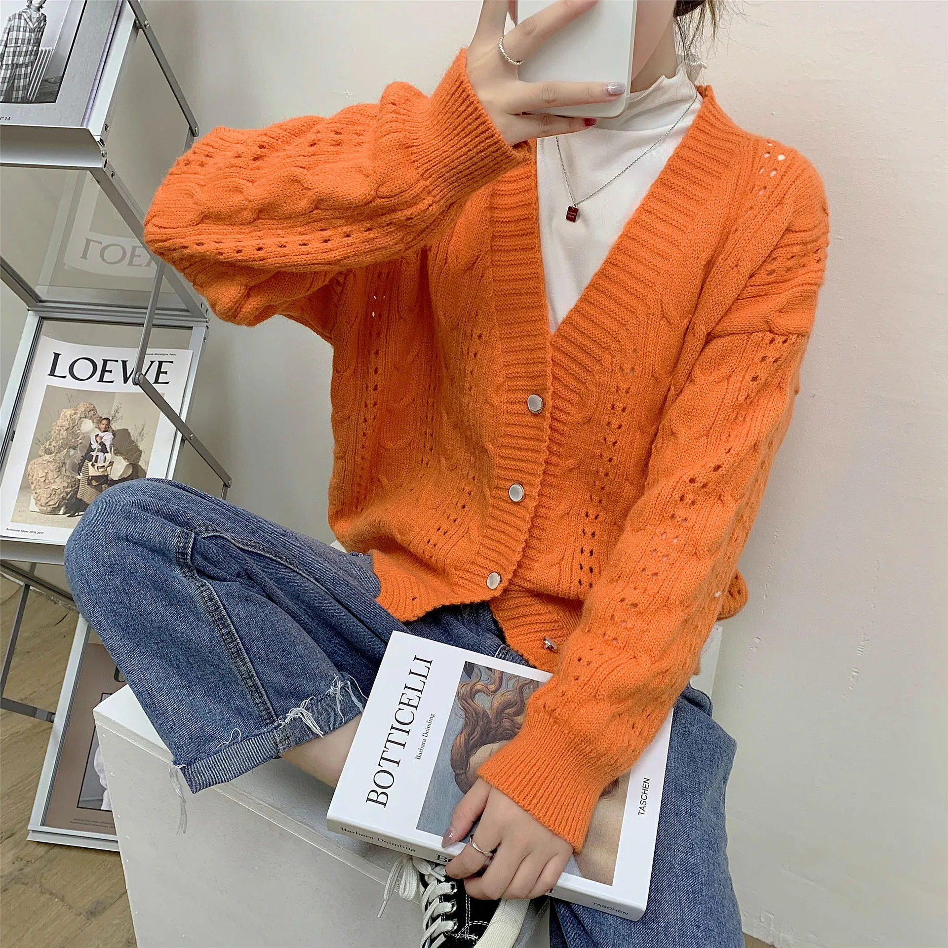 

Женский Однотонный свитер с вырезами, вязаное пальто с V-образным вырезом, универсальный Повседневный Модный популярный простой кардиган, о...