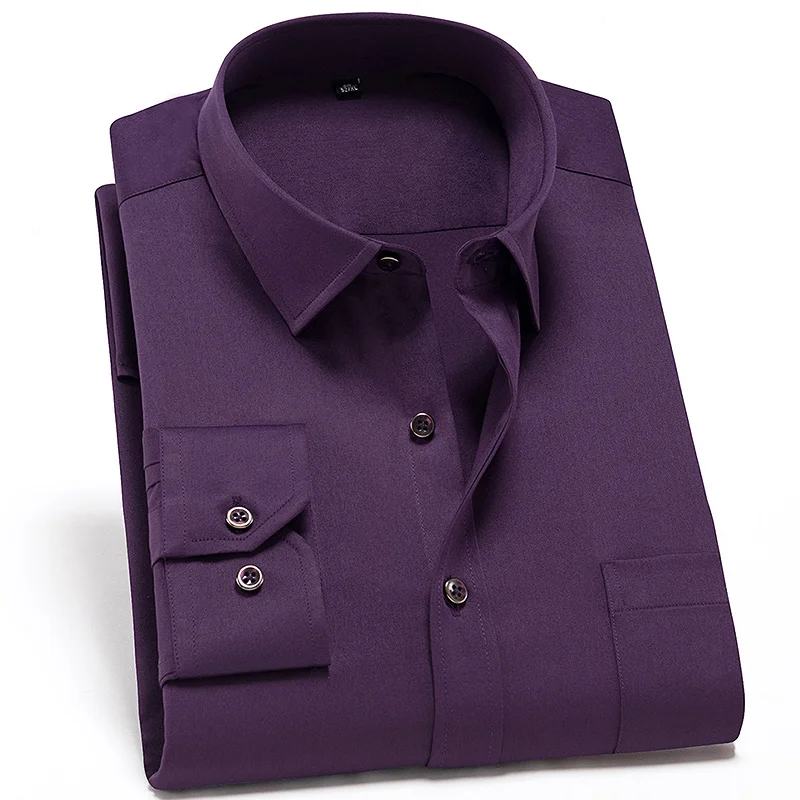 purple Розовая рубашка из бамбукового волокна, Мужская брендовая Повседневная облегающая эластичная Мужская рубашка, Классическая однотонная деловая рубашка с длинным рукавом на пуговицах - Цвет: purple