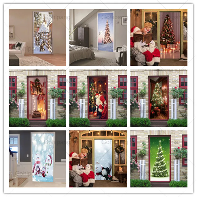 

Christmas Tree Door Stickers Home Decor Self-Adhesive Wallpaper Snowman Poster Diy Art Mural Decals Living Room Wall Decoration