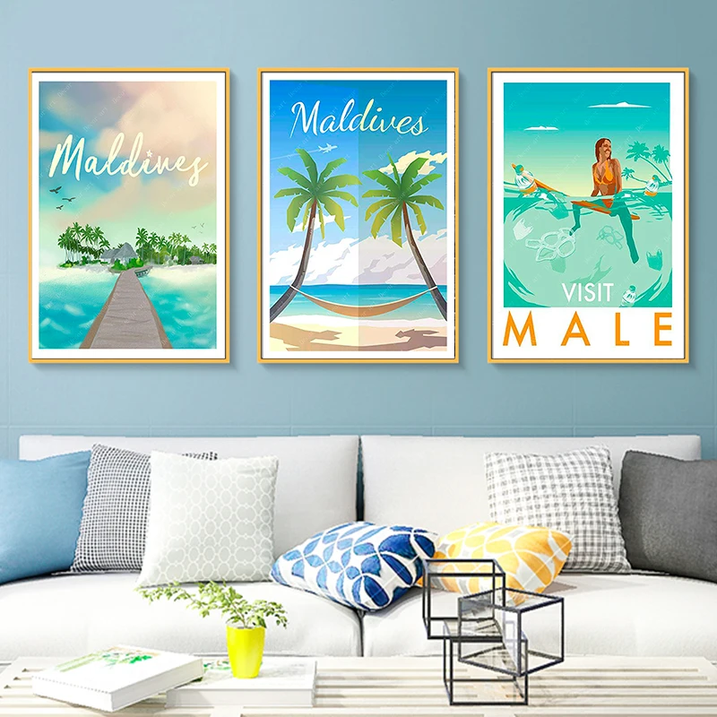 Тропический остров Мальдивы поп арт путешествия холст картины винтажные крафт