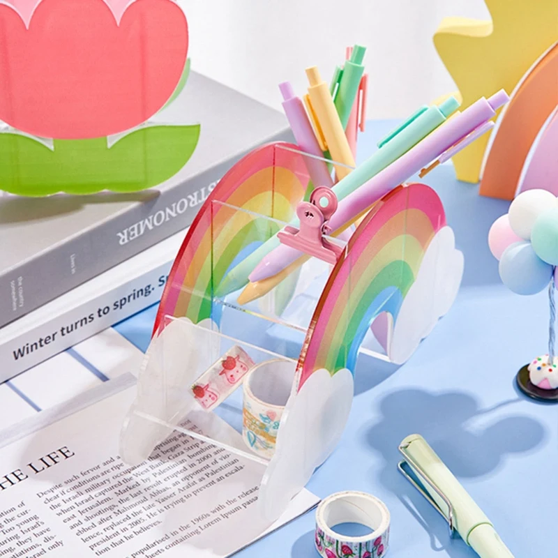 

Simple rainbow flower pen holder student desktop creative cute large capacity stationery storage box three compartments