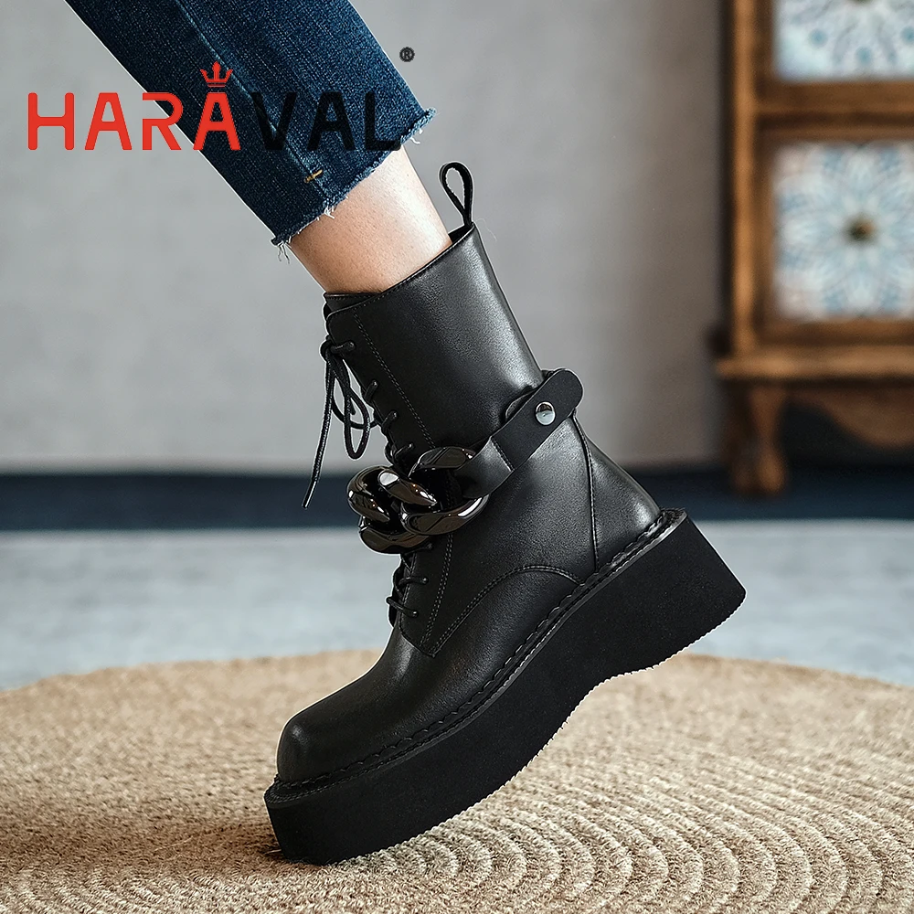 

HARAVAL Women Boots Shoes Ankle Thick Bottom Black Motorcycle Boot Spring/Autumn Platform Solid Adult Round Toe Adult E343L