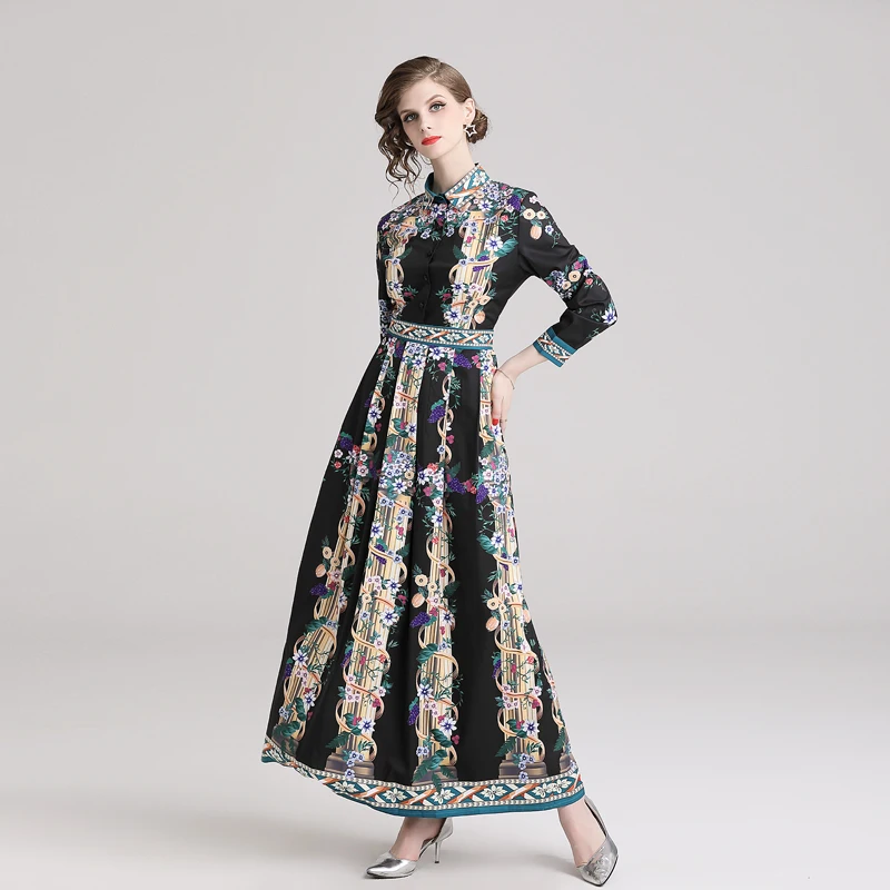 

2021 New Summer Designer Runway Shirt Dress Women Fashion Robe Long Sleeve Casual Floral Print Pleated Elegant Party Maxi Dress