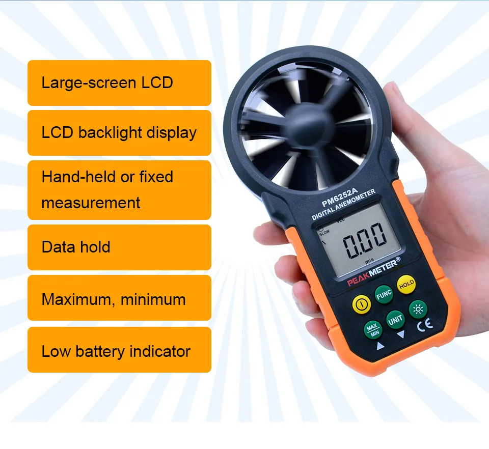 PEAKMETER MS6252A измеритель скорости ветра Многофункциональный цифровой анемометр Тахометр/объем воздуха+ подарок