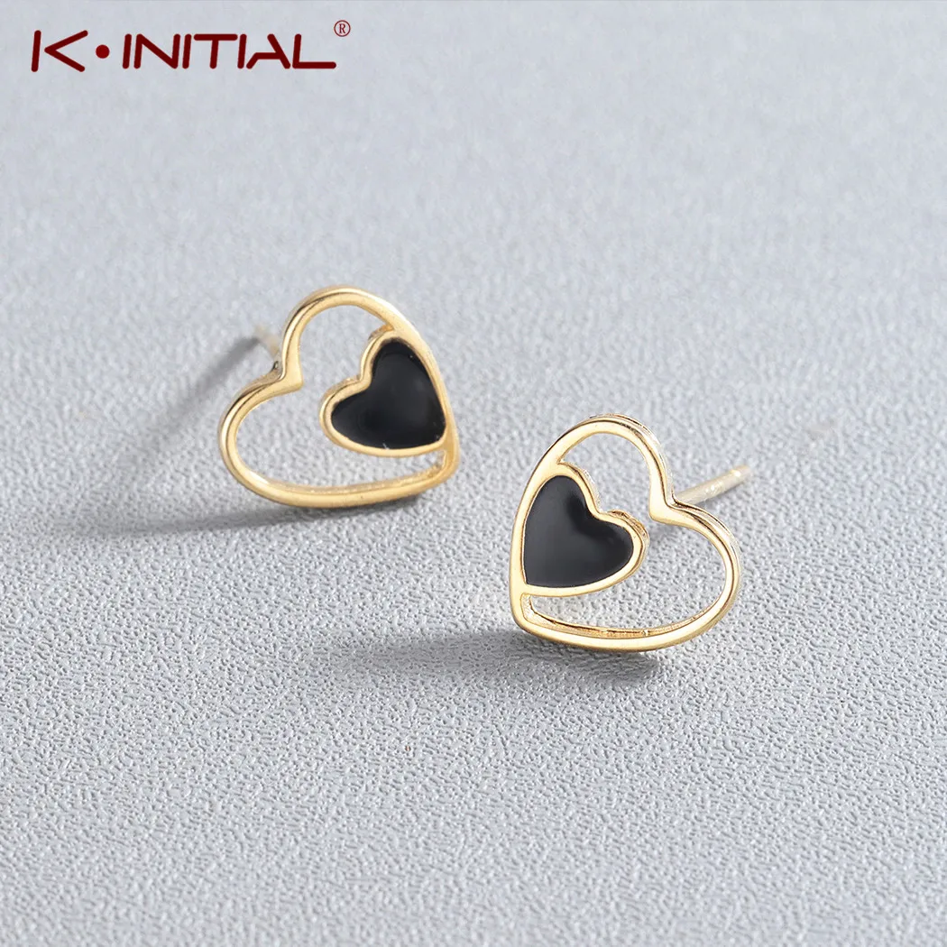 

Kinitial Double Heart Love Earring For Women Black Enamel Classic Heart Love Crystal Stud Earrings Gift boucle doreille femme