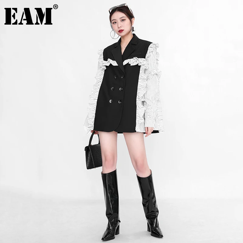 

[EAM] Women Striped Ruffles Big Size Black Blazer New Lapel Long Sleeve Loose Fit Jacket Fashion Spring Autumn 2022 1DE214601