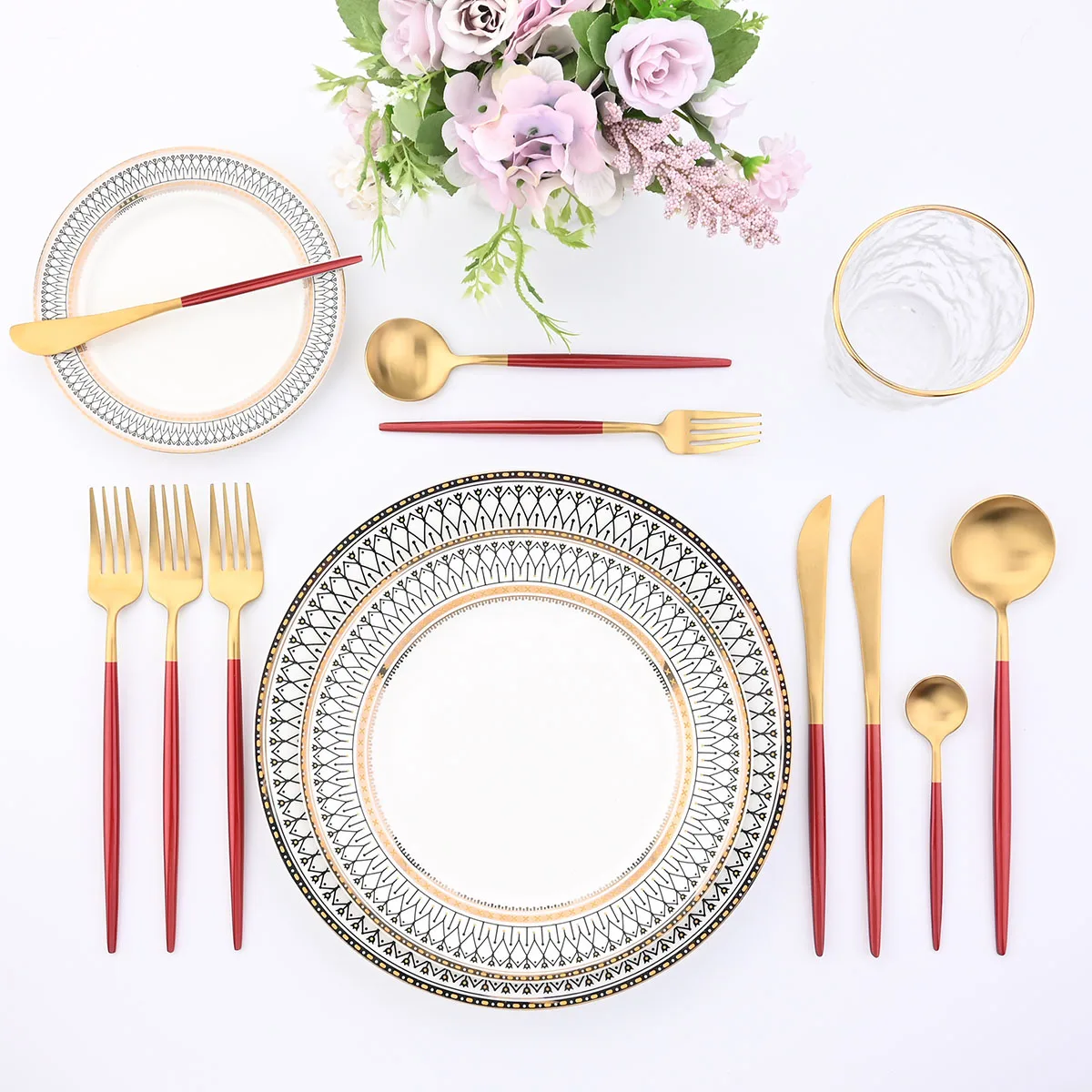 

Столовая посуда из нержавеющей стали JANKNG, столовая посуда красного и золотого цвета, раньше, вилка, ложка, нож, столовая посуда