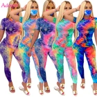 Комплект из двух предметов Adogirl с принтом Tie Dye, Женский Повседневный костюм с чехлом для лица, футболка с коротким рукавом, топ, брюки-карандаш, женские спортивные костюмы