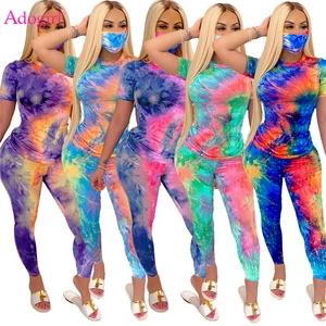 Комплект из двух предметов Adogirl с принтом Tie Dye, Женский Повседневный костюм с чехлом для лица, футболка с коротким рукавом, топ, брюки-карандаш, женские спортивные костюмы