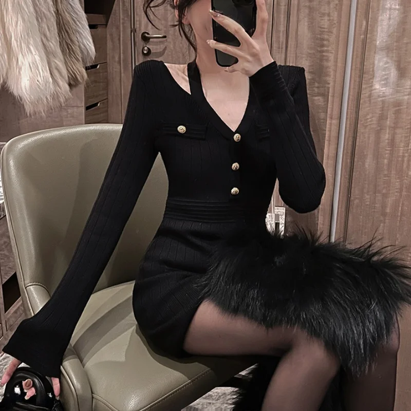 

Bodycon Sweater Dress Woman 2021 Winter Sexy Knitted Y2k Mini Dress V-neck Office Lady One Piece Dress Korean Fashion Design