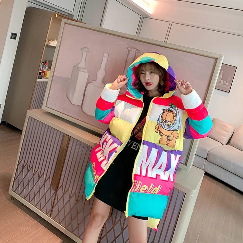 2019 Зимние Модные женские теплые пальто с капюшоном Длинные парки мультяшным