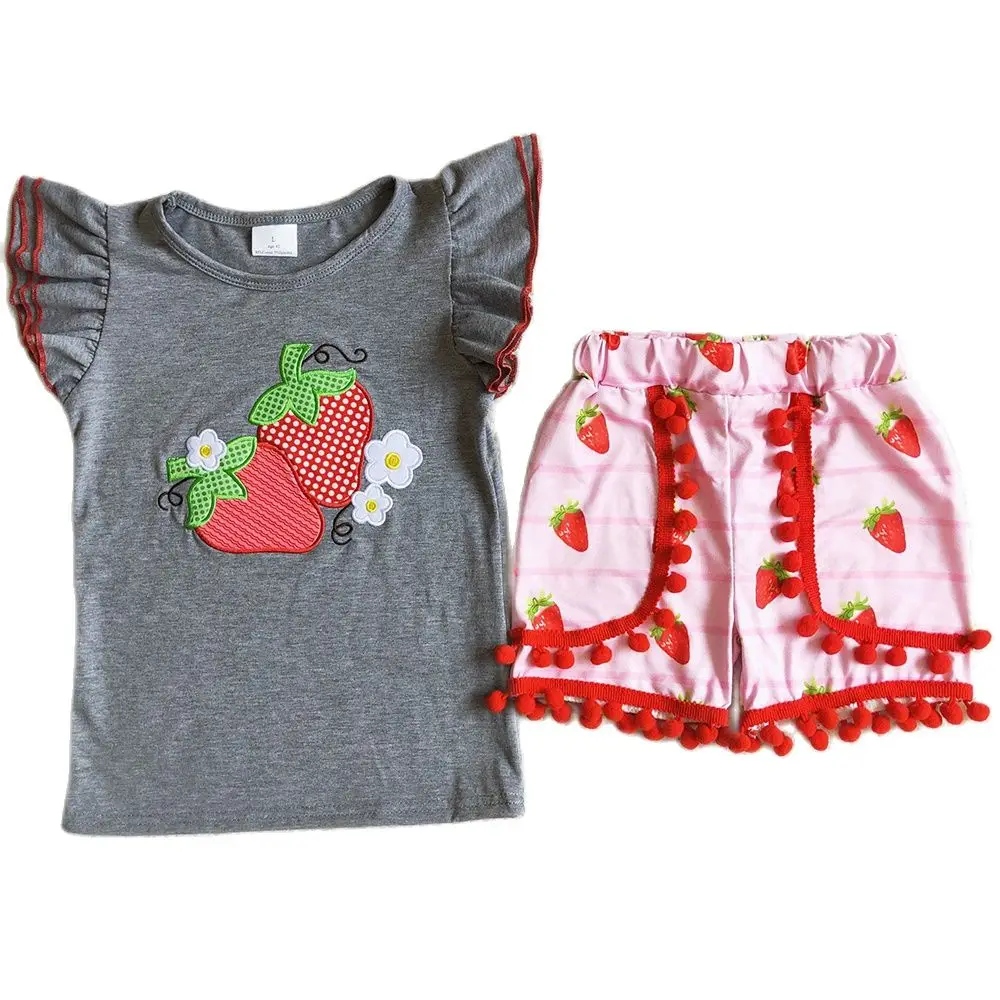 Летний комплект одежды для маленьких девочек серая футболка с вышивкой в виде