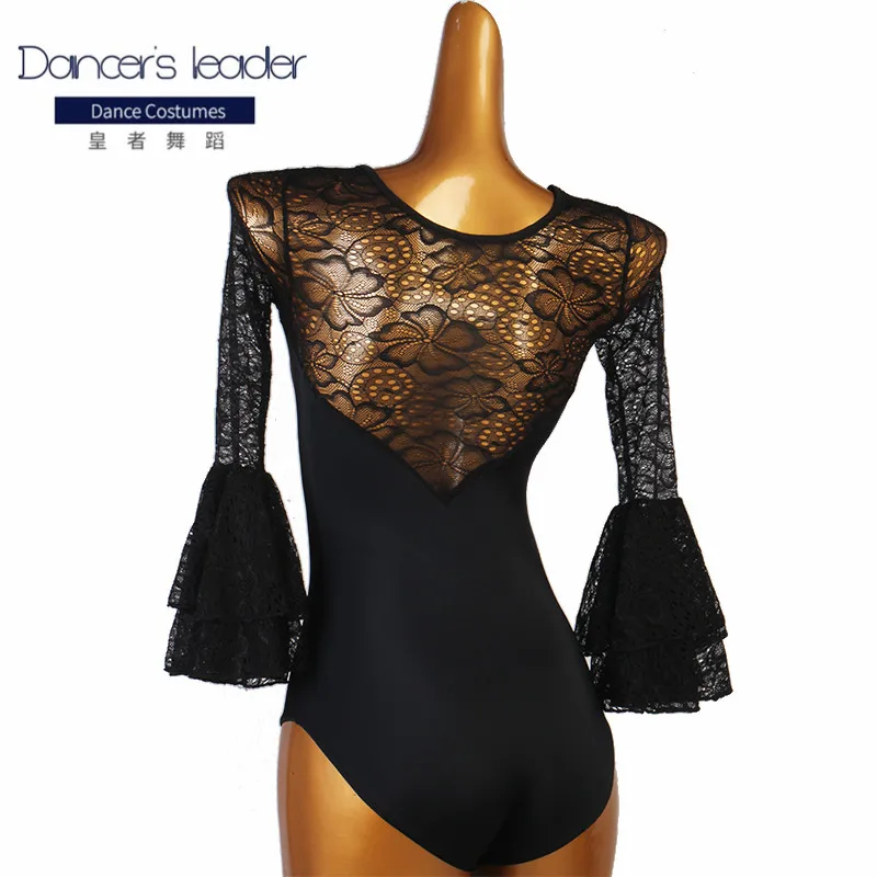 

Latin dance jumpsuit lantern sleeve lace chacharumba dance practice clothes female adult elegant custom modern dance top