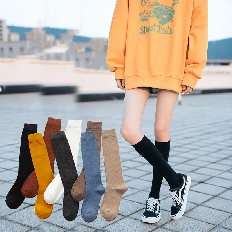 

Однотонные женские носки до колен из чистого хлопка, женские Студенческие Носки для выпусквечерние вечера, танцевальные носки, 1 пара