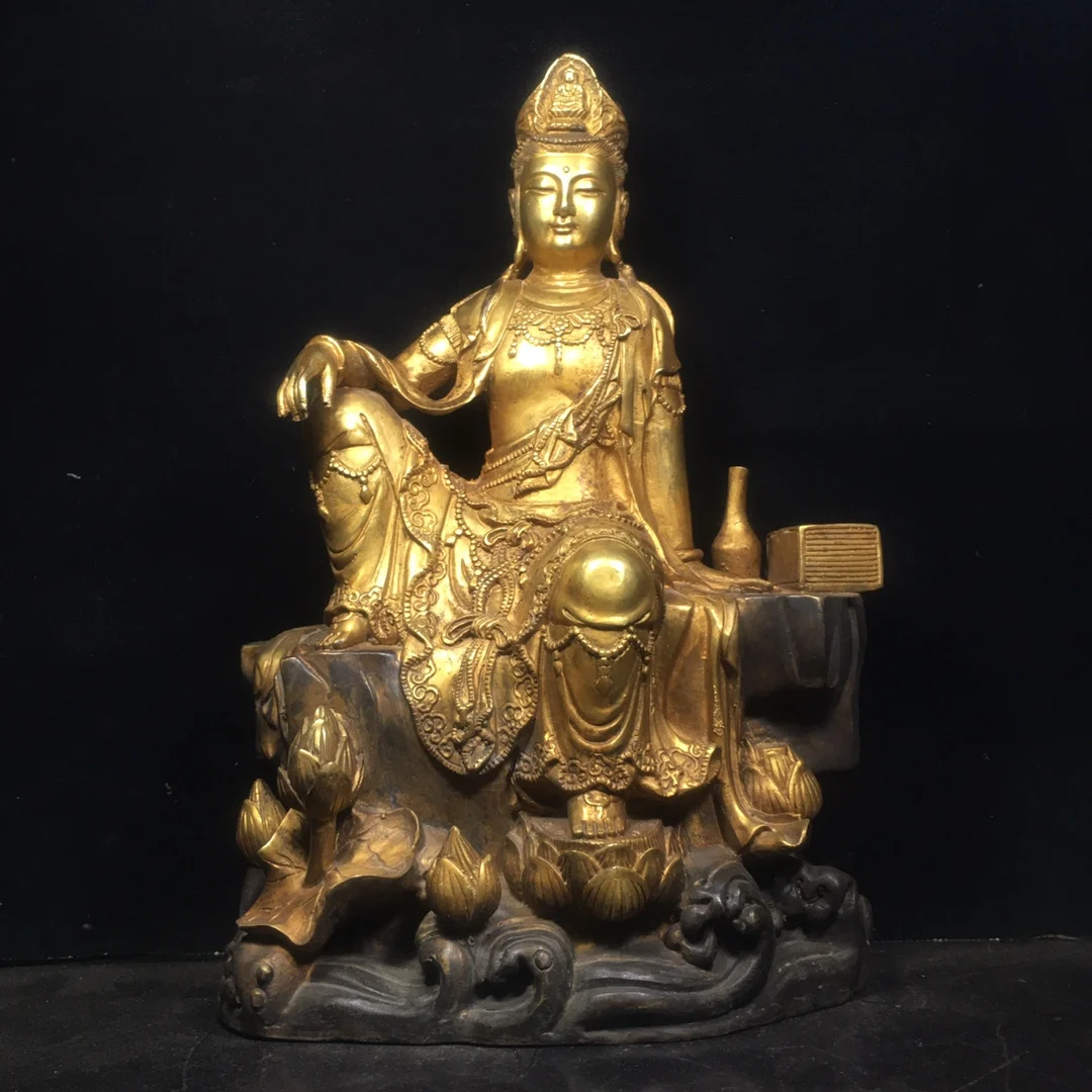 

15"Tibet Temple Collection Old Bronze Gilt Free Avalokitesvara Guanyin Bodhisattva Sitting Buddha Worship Hall Town house
