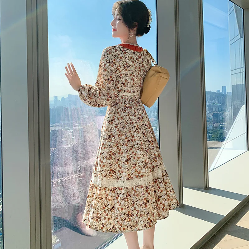 

JCHB 2021 Korean Dress Woman Floral Midi Dresses for Women Long Sleeve Elegant Dress Spring Autumn Clothes Vestido De Mujer Pph