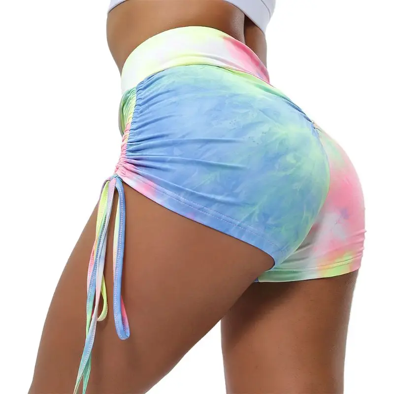Vrouwen Cross Front Hoge Taille Sport Shorts Regenboog Tie-Dye Workout Running Leggings Ruches Trekkoord Butt Lifingt Panty Vrouwen Cross Front Hoge Taille Sport Shorts Regenboog Tie-Dye Workout Running Leggings Ruches Trekkoord Butt Lifingt Panty