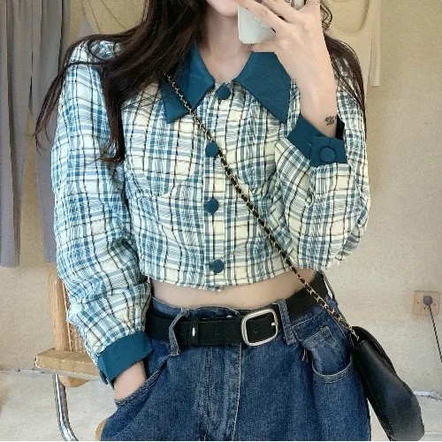 

Jane Deiune 2021 New Spring Lady Vintage Elegant Plaid Short Blouse Lady Fashion Long Sleeve Fashion Streetwear Tops