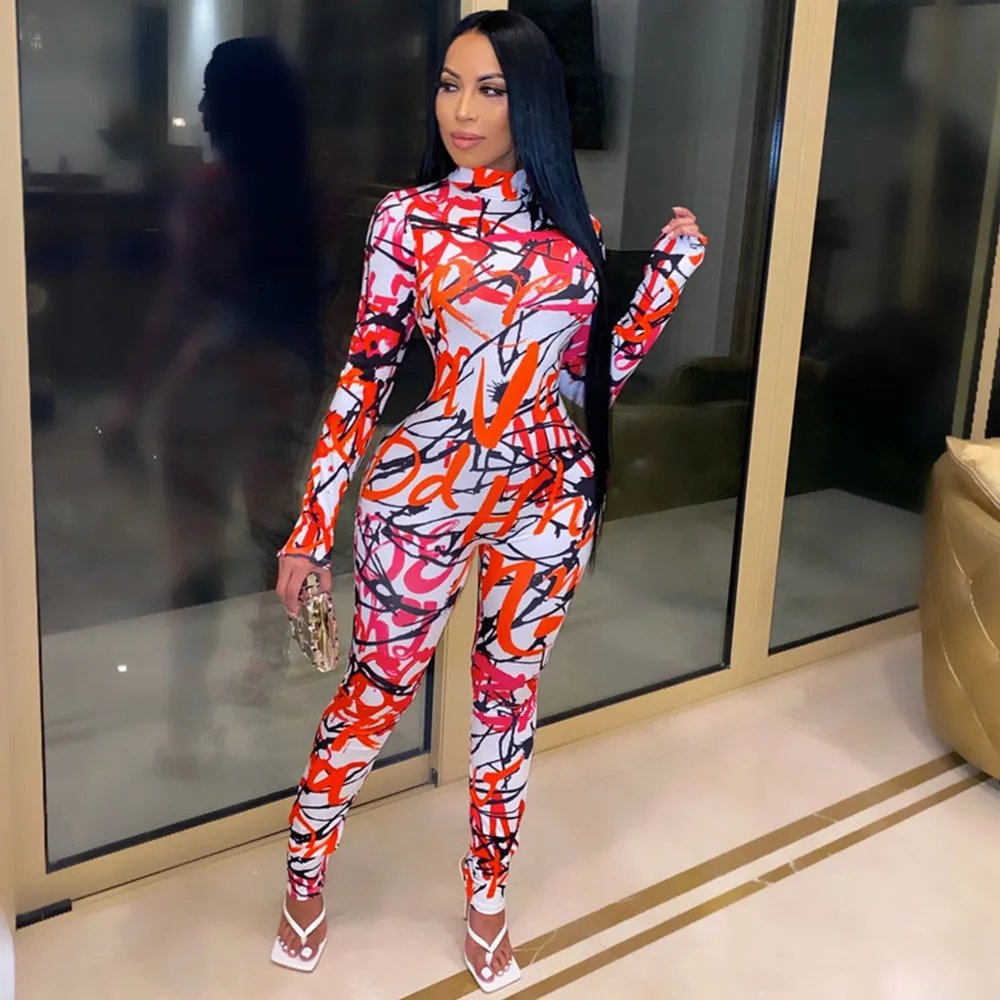

Letter Graffiti Print Bodycon Rompers Womens Jumpsuit Club Elastic Long Sleeve Body Overalls Sexy Birthday Outfits Monos Mujer