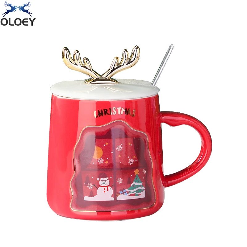 

Cartoon Christmas Antler Lovers Ceramic Water Cup Girls Home Mug Office Coffee Cup With Lid Spoon