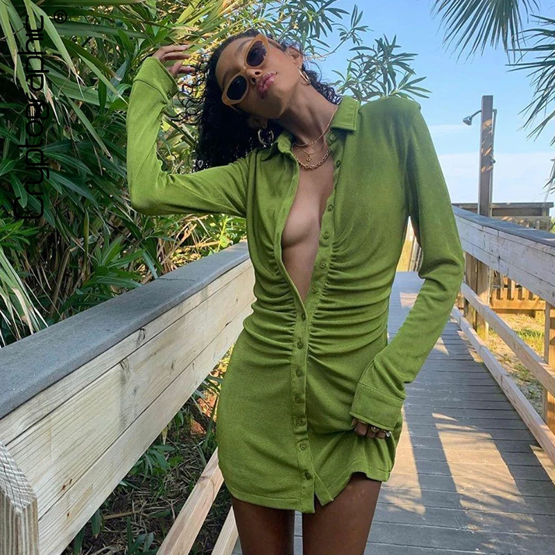 

Turn-Down Collar Green Women Shirt Dresses Club Party Long Sleeve Button Mini Dress Holiday 2021 Spring Streetwear Dress Clothes