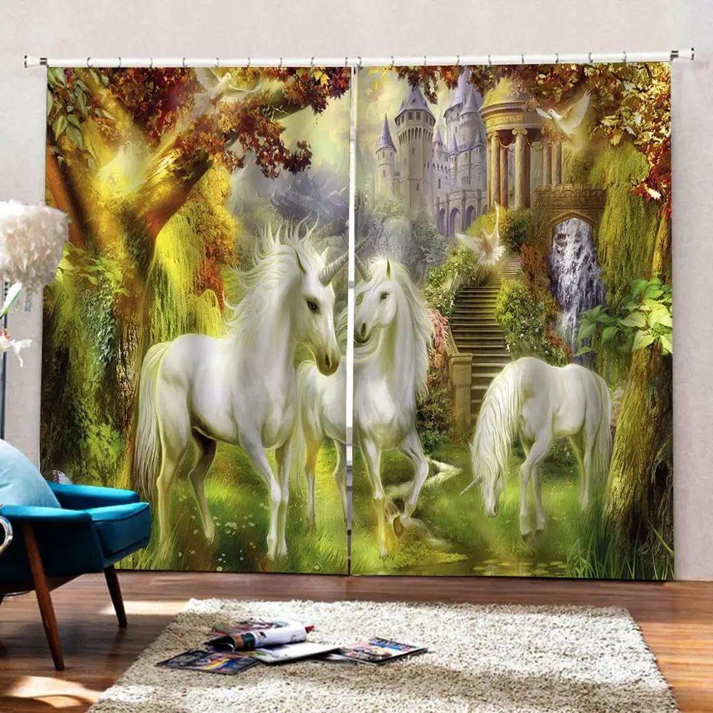 Замок в европейском стиле закат под большим деревом Белая лошадь занавеска