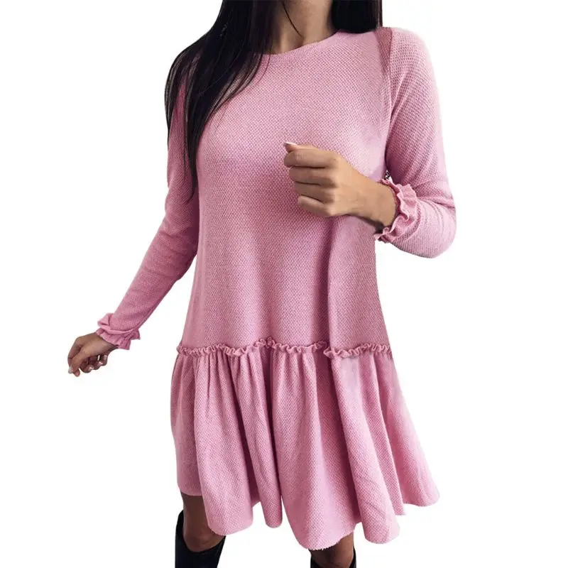 

Women Long Sleeve Pleated Swing Mini Dress O-Neck Ruffles Solid Loose Streetwear A0NF