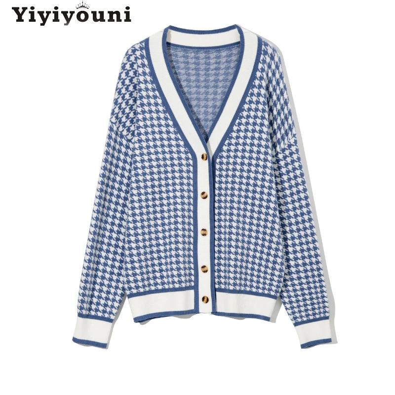 

Вязаный кардиган Yiyiyouni с рисунком «гусиные лапки», женский осенне-зимний Повседневный клетчатый свитер с V-образным вырезом, Женская свобод...