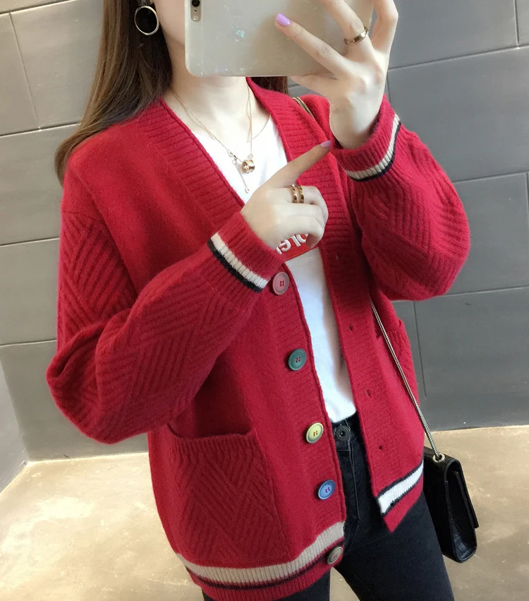 

Black Sweater Women Casual Chic Sungtin V Neck 6 Color Block Oversize Cardigan Women Korean Autumn New Knit Female Cardigan