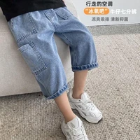 2021 summer boys pants solid jeans elastic denim calf length casual style childrens clothing autumn 4 14 years old