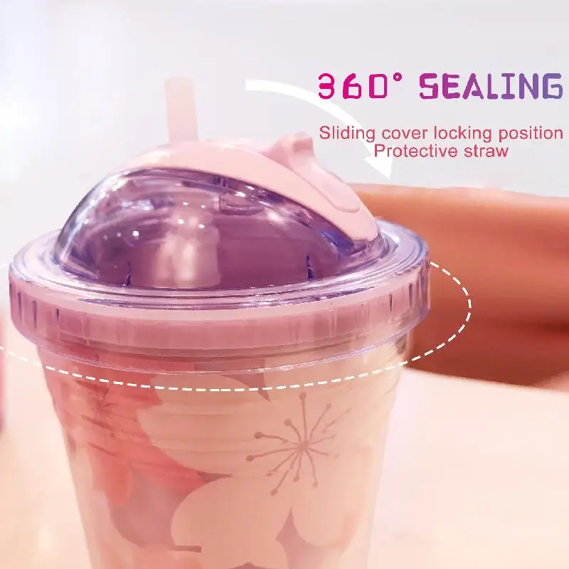 

New 480ML Plastic Cup Water Bottle with Straw Double Convenient Cup Girl Creative Customized Sealed Leakproof Plastic Cups