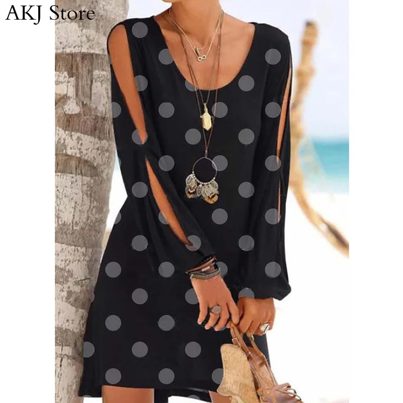 

Women Vintage Polka Dot Print Summer Dress Elegant O Neck Slit Sleeve vestidos
