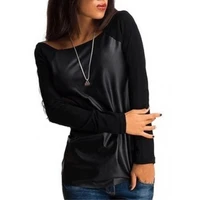 women autumn color block stitching o neck long sleeve faux leather blouse top