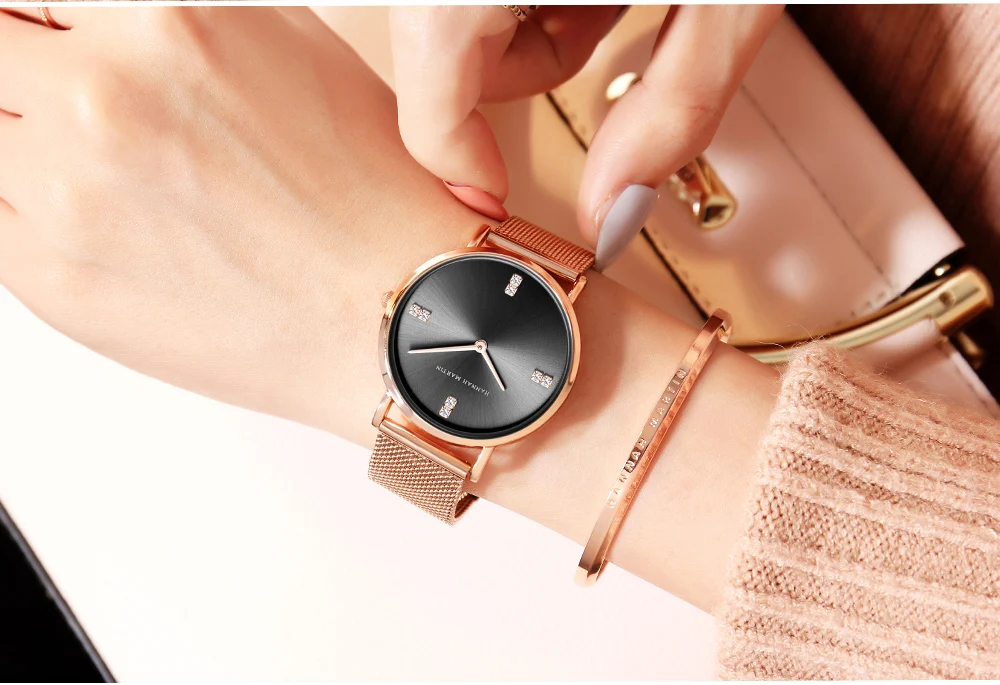 Черные часы из нержавеющей стали с сеткой бриллианты японский кварцевый