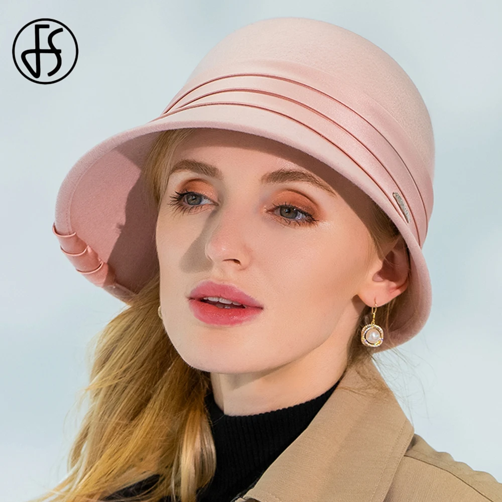 

FS 100% Wool Felt Dome Top Pink Cloche Hat Wide Brim Winter Gray Bowler Fedoras Ladies Black Floppy Derby Cap With Ribbon