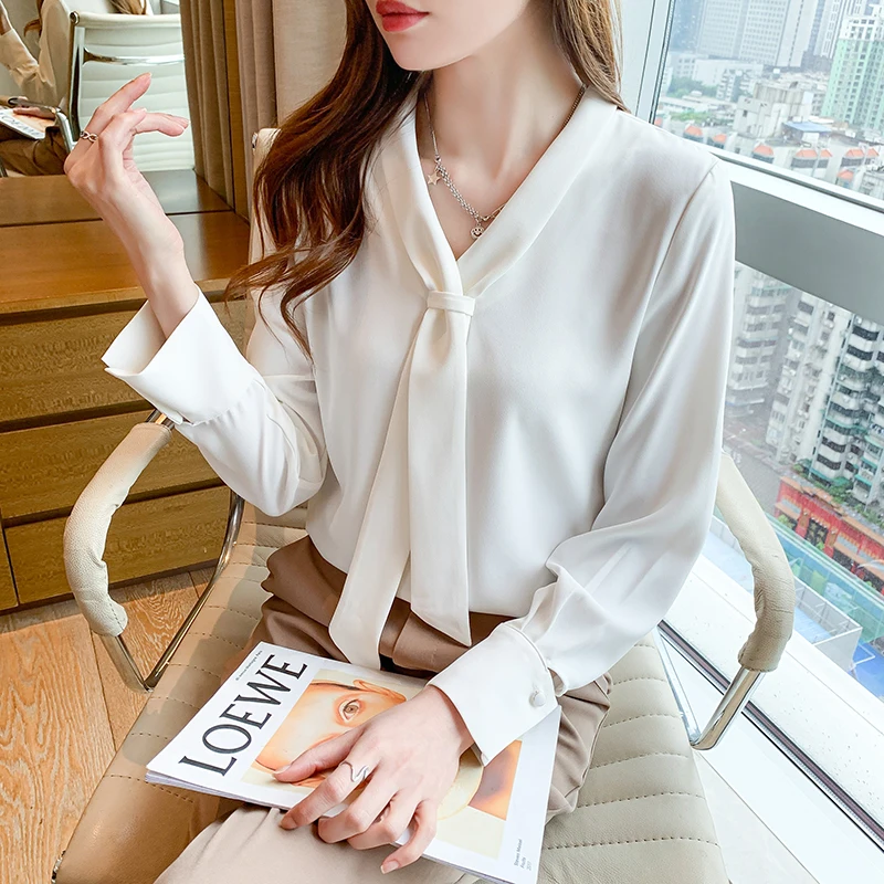 

Женская шифоновая рубашка с V-образным вырезом, белая рубашка с Френч-лентой
