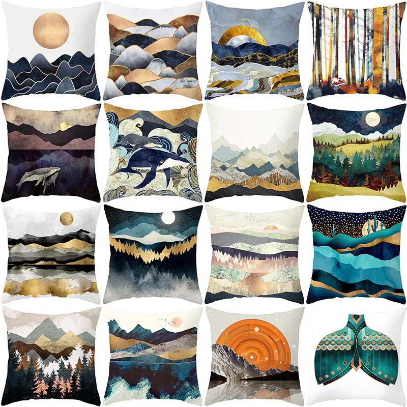 

New Fashion Golden Line Green Geometric Landscape Home Decoration Throw Pillow Cases Good Quality Sofa Car Cushion Waist Cover