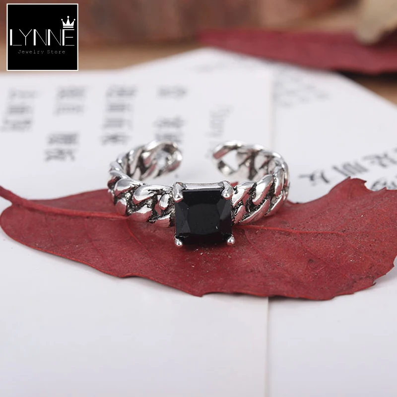 Женское Винтажное кольцо с цепочкой регулируемое черным кристаллом серебряным