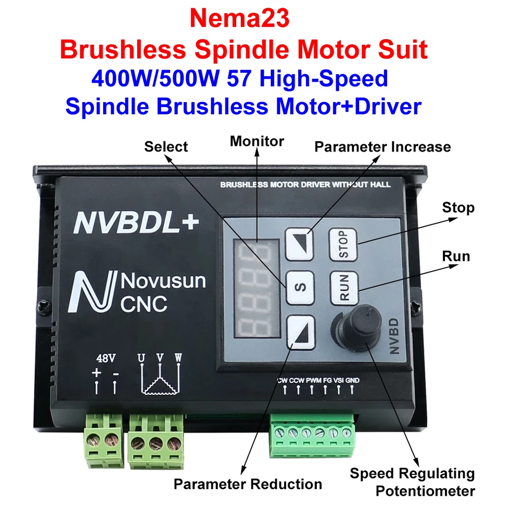 

57 High Speed Brushless Spindle Motor Suit NEMA23 Brushless Motor And Driver Sets Rated 400W/500W No Load 12000RPM For CNC Kit