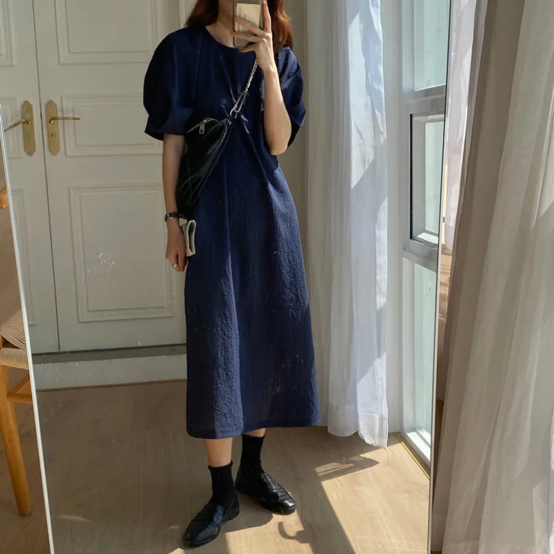 

Платье женское длинное свободного кроя, винтажный прямой Однотонный сарафан макси с круглым вырезом, с пышными рукавами, лето 2020