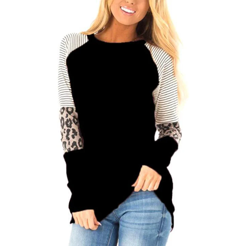 

Autumn Clothing Women T-shirt Oversize Top Female Leopard Printed Color Block Striped Round Neck Long Sleeve Plus Size Tshirt