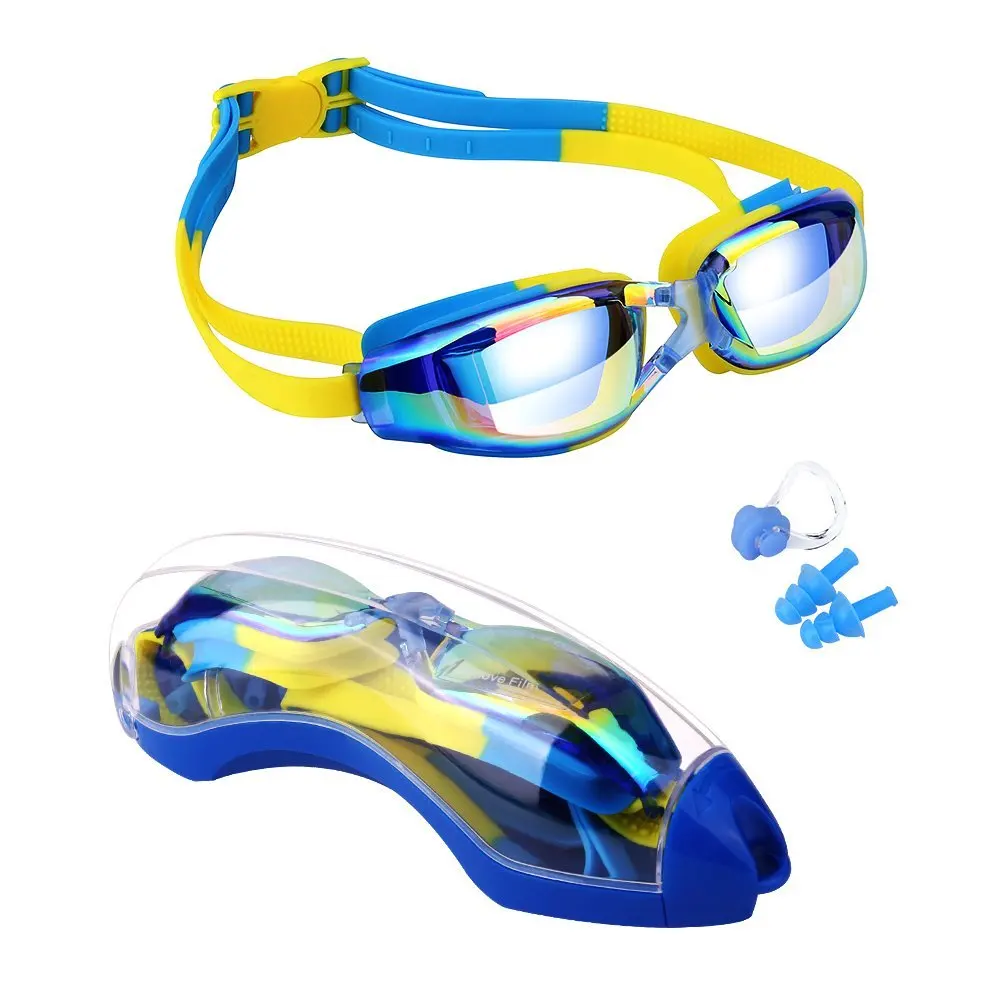 Kids Swimming goggles Anti-Fog UV prescription glasses waterproof goggle with Case,Nose Clip,Earplugs for kids swimming in pools - Цвет: Electroplating blue