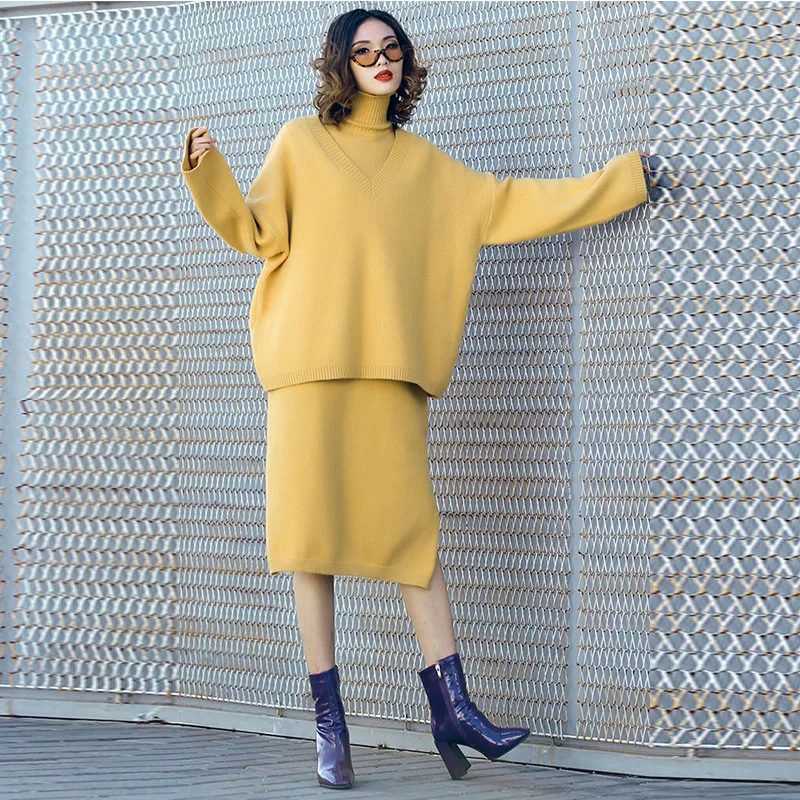 Plus Size Women's High Collar Long Sleeve Knit Sweater Dress Two-piece Set Sweatsuit | Женская одежда