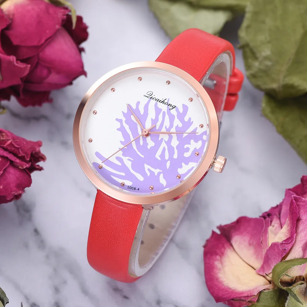 Модные женские часы с цветочным циферблатом кожаный ремешок Кварцевые наручные повседневные для девушек
