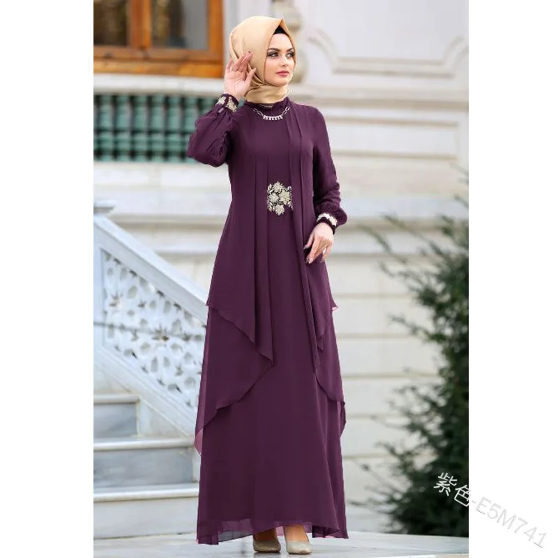 

Muslim Women's Hot Sale Fashion Casual Solid Color Fake Two-Piece Chiffon Robe Long Sleeve Temperament Long Skirt 2021 New Style