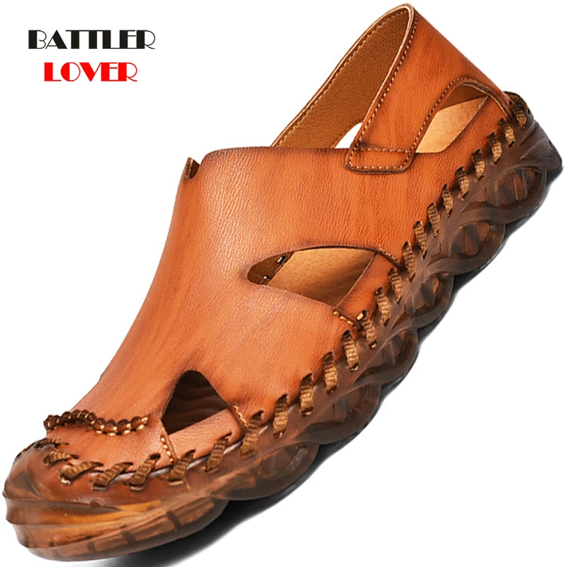 

2021 Men Summer Soft Leather Sandals Handmade Classic Slippers for Male Walking Beach Sandalias Outdoor Hombre Roman Sandalies
