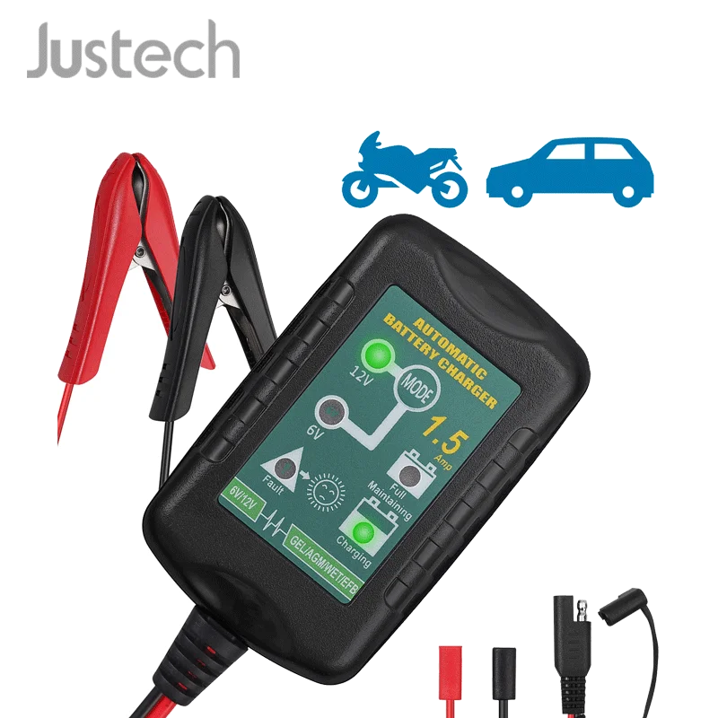 Justech 6V/12V 1.5A Battery Charger Battery Maintainer With Cable Clamps And O-Ring Terminals For Car Motorcycles