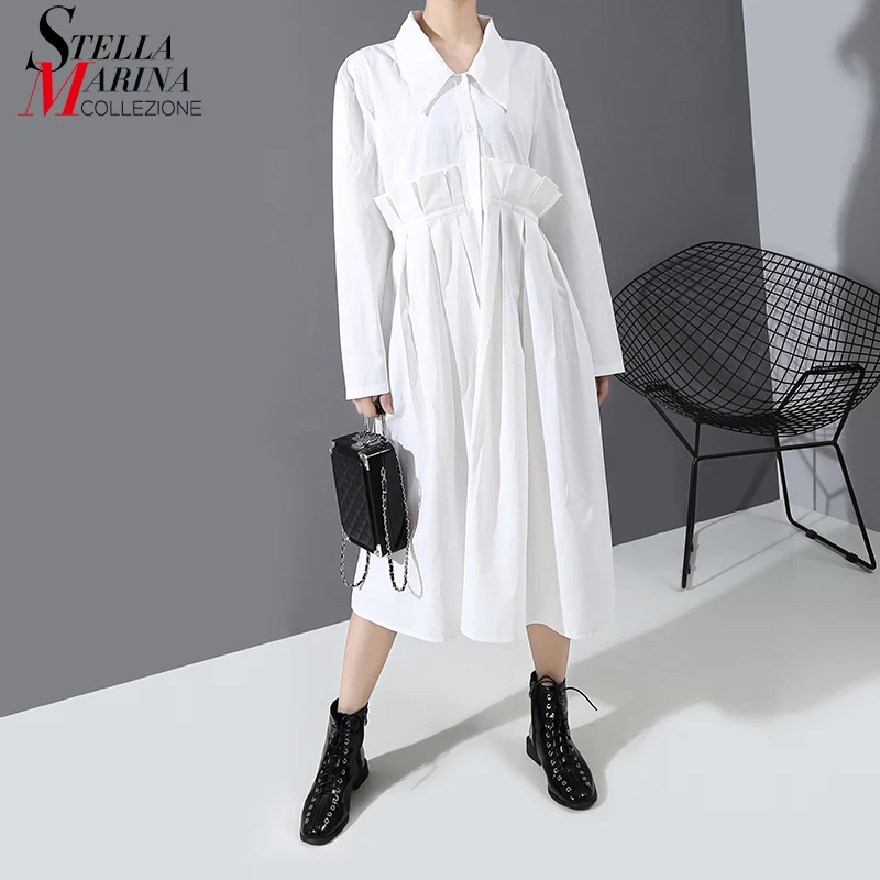 Новинка 2019 корейский стиль женское однотонное платье рубашка белого и синего